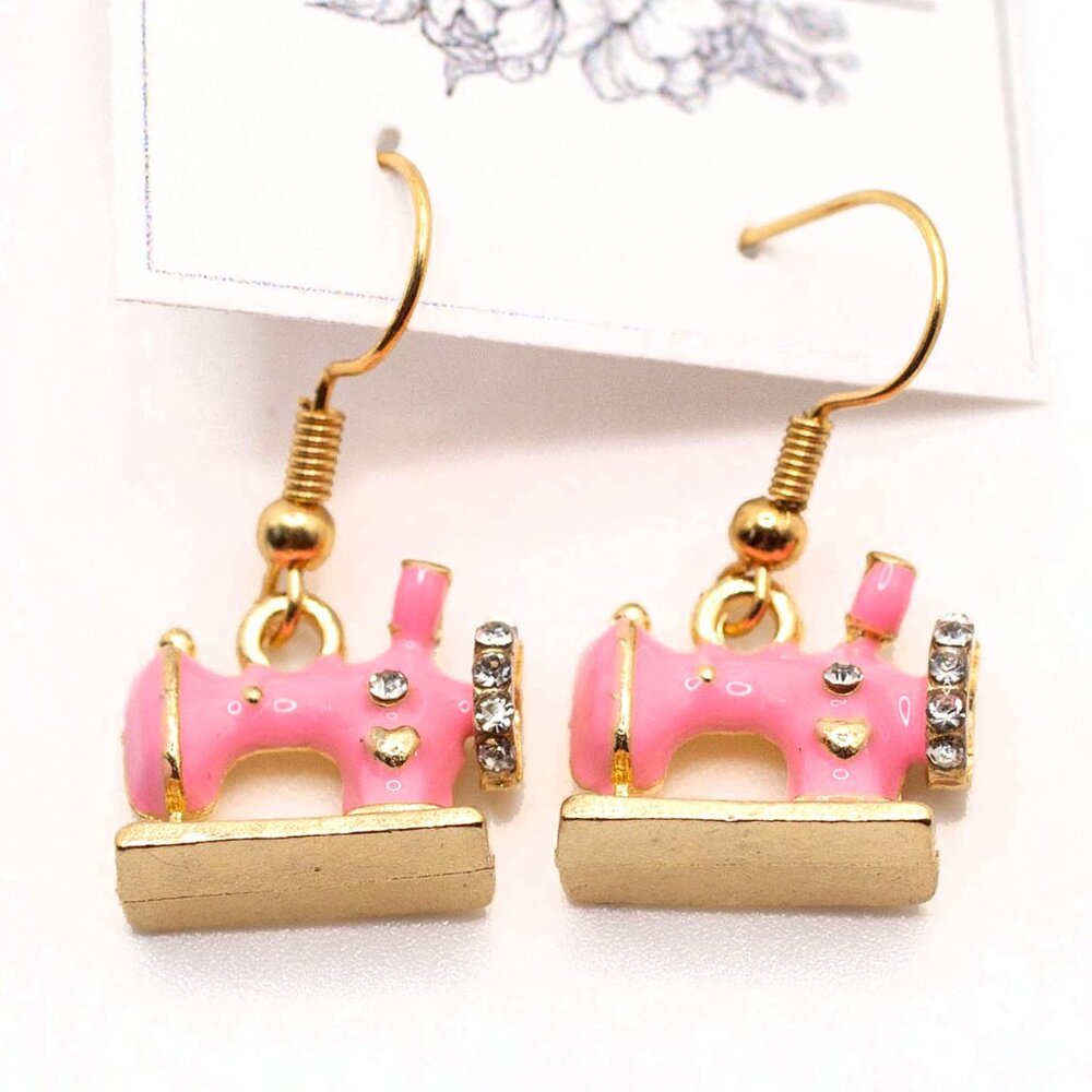 Handmade Pink Enamel Crystal Pave Vintage Style Sewing Machine Earrings, New